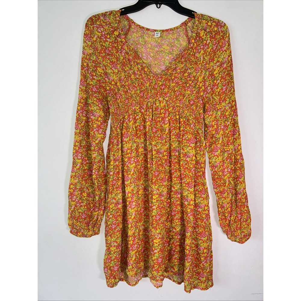 BP. Nordstrom Orange Floral Smocked Babydoll Mini Dress Long Sleeve S V-Neck
